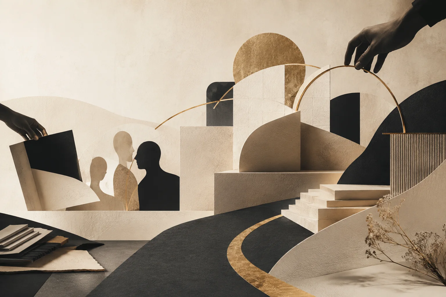 Abstract editorial artwork connecting people, pathways and growth